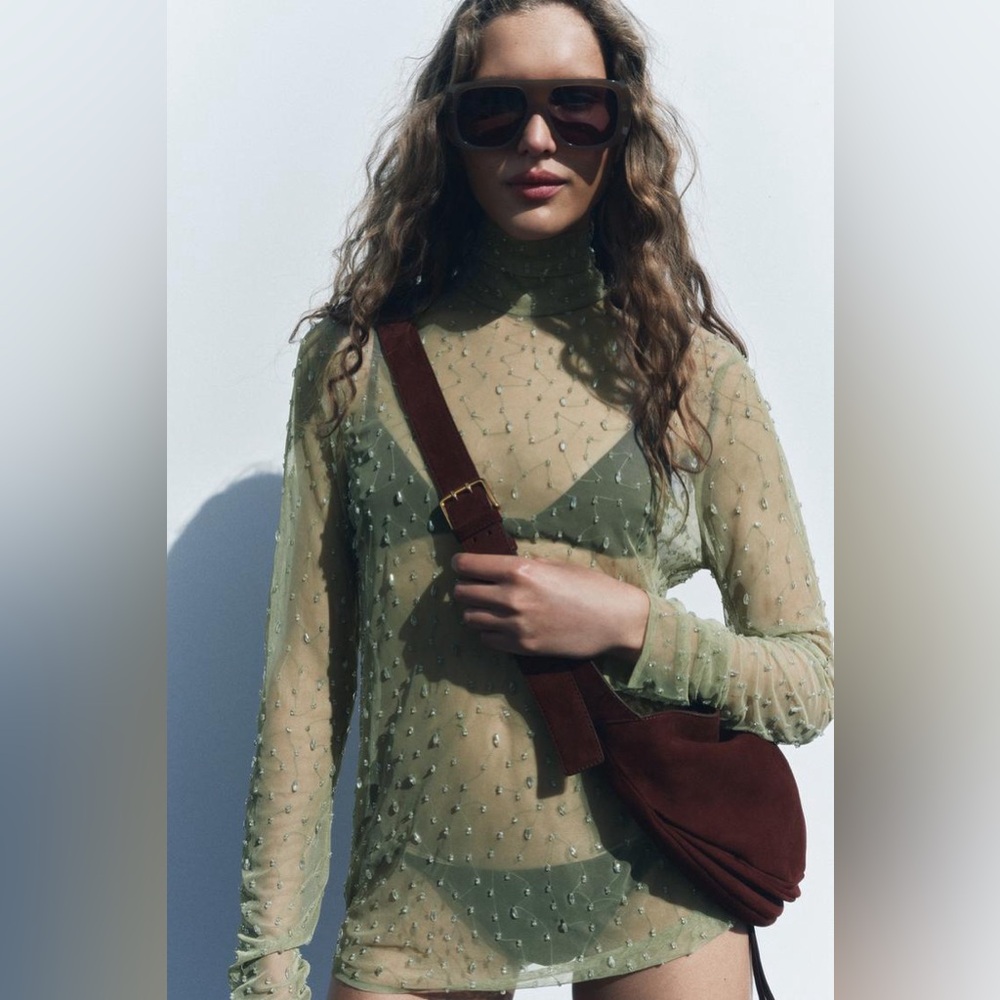 ZARA BLOGGERS FAVORITE SEMI-SHEER BEADED TOP - Picture 3 of 13